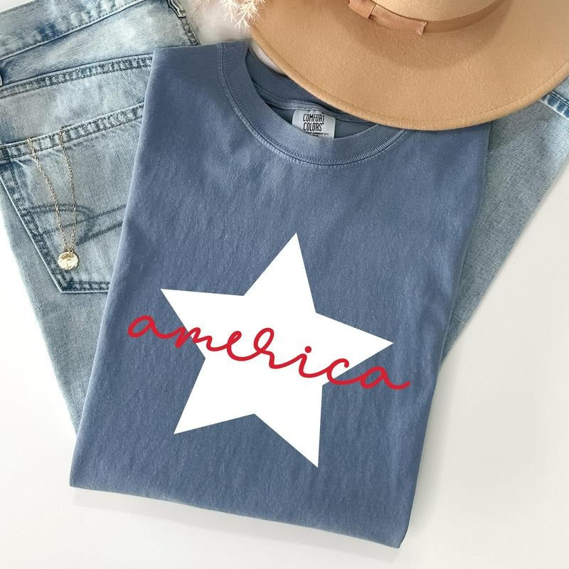 Retro America Star, Red White Blue, 4th of July Tshirt, Women's Crew Neck, Crewneck Hoodie, Sweatshirt | GrindPrints.com
