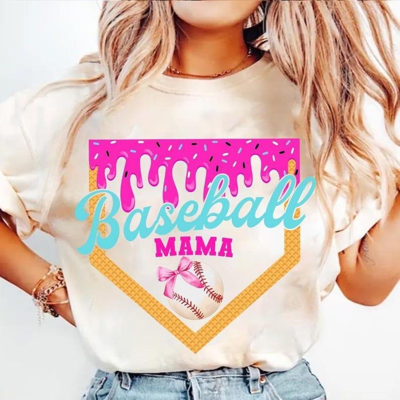 Retro Baseball Mom Shirt Dripping Ice Cream Fun Game Day Womenswear Top Shirts T-Shirts, Hoodie, Sweatshirt