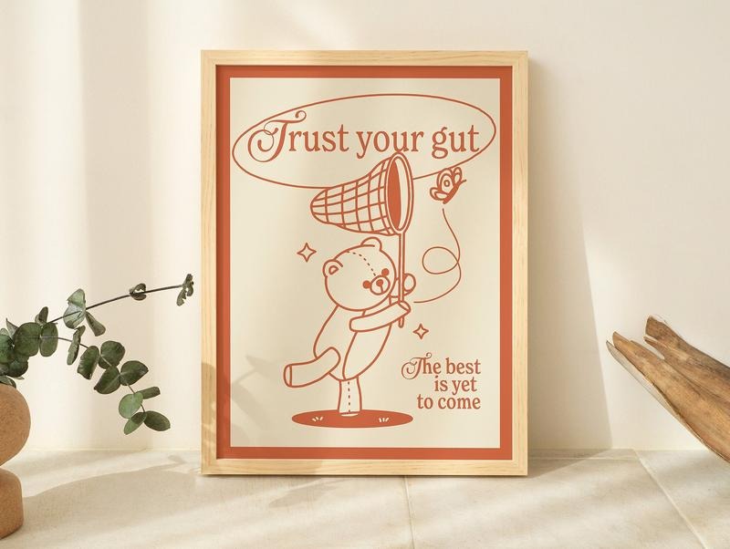 Retro Bear Print, Vintage Orange Illustration, Positivity Typography Prints, Trust Your Gut Wall Decor, Retro 80s...