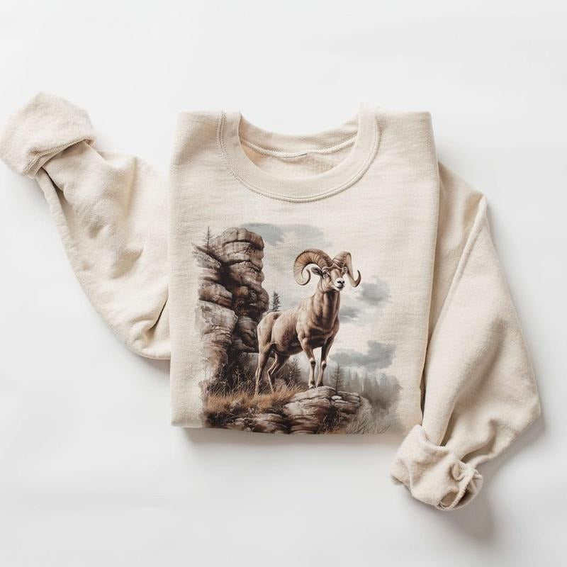 Retro Big Horn Sheep Cliff Scene 90s North American Animals Canyon Wilderness Scene Boho Cotton Womenswear T-Shirts, Hoodie, Sweatshirt