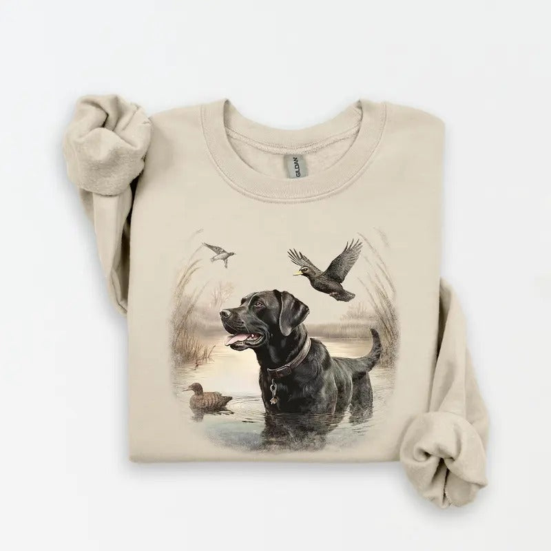 Retro Black Lab Mallard Ducks Sweatshirt, Nineties 90s Vintage Labrador Retriever Hunting, Duck Outfit, Boho Unisex...