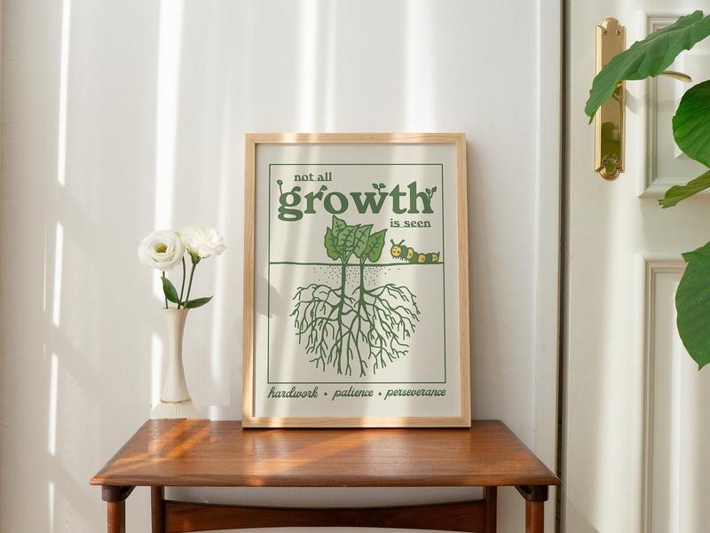 Retro Botanical Print, Aesthetic Motivational Quote, Flower Market Wall Decor, Plant Roots Illustration, Large Green...