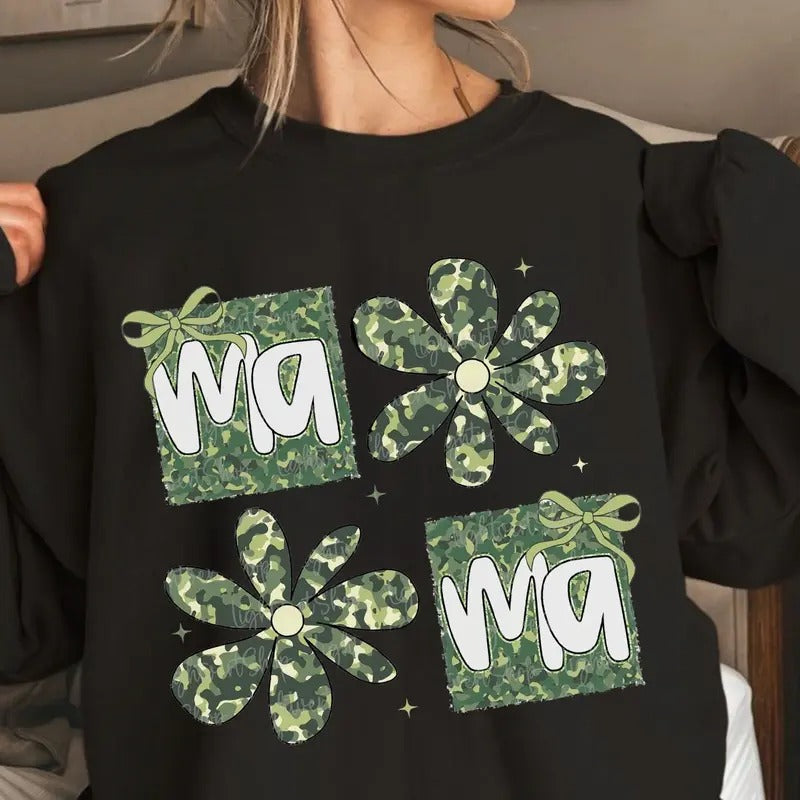 Retro Camo Mama Coquette Bow Crewneck Shirt, Retro Mama Flower Tee, Hunting Mama, Camo Flower, Mothers Day Gift Hoodie,...