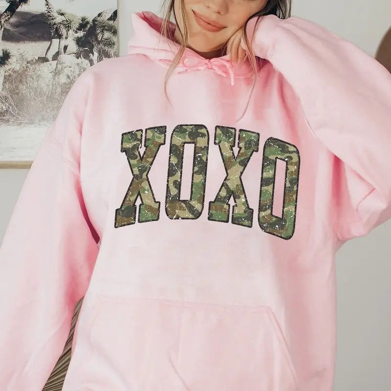 Retro Camo XOXO Valentines Hoodie, XOXO Camouflage Shirt, Camouflage Vintage XOXO Valentines Sweater, Camouflage Gift...