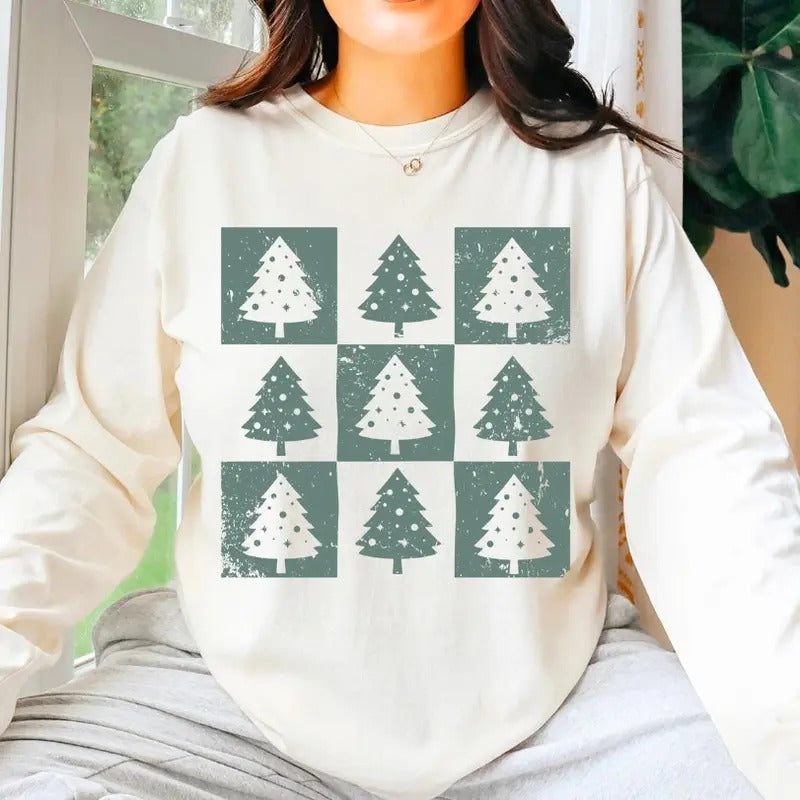 Retro Checkered Trees Distressed Checkered Xmas Shirt T-Shirts, Hoodie, Sweatshirt