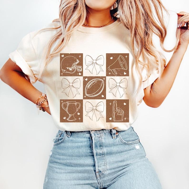 Retro Checkered Football Coquette, Game Day Football, Football Mom, Mama Bow Tshirt Hoodie, Sweatshirt | GrindPrints.com