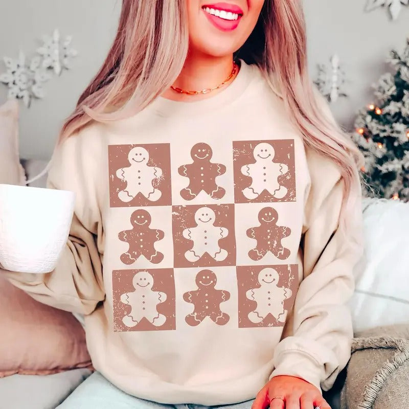 Retro Checkered Gingerbread Man Sweatshirt, Trendy Distressed Christmas Shirt, Gingerbread Christmas Sweatshirt, Cute...
