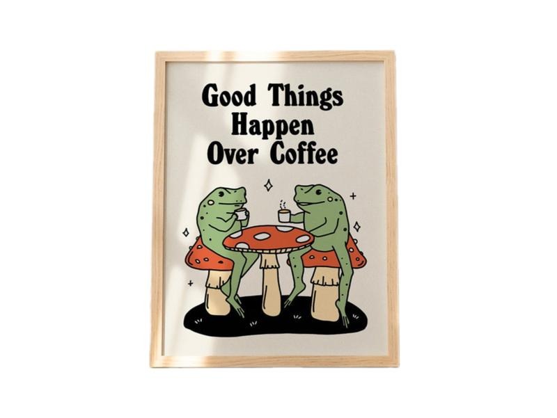 Retro Coffee Print, Cute Frog Art Poster, Cute Couple Frog Poster, Kitchen Prints Decor, Gifts For Her Women Bedroom...