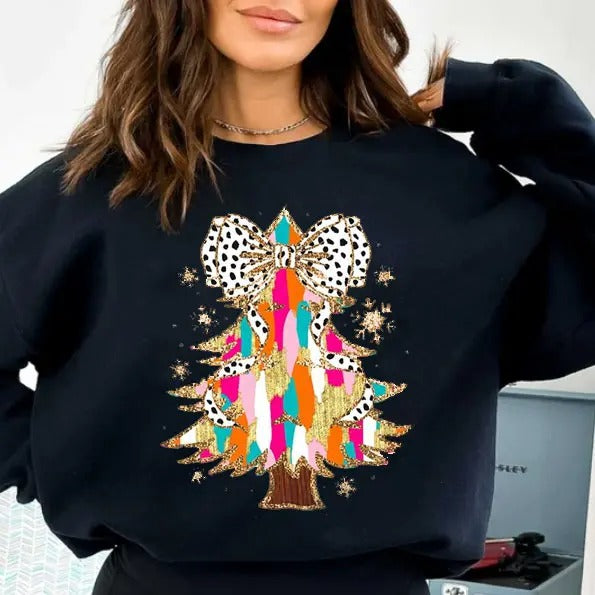 Retro Color Christmas Shirt, Xmas Coquette Bow Shirt, Colorful Tree and Bow for Christmas, Cute Christmas Gift, Coquette ...