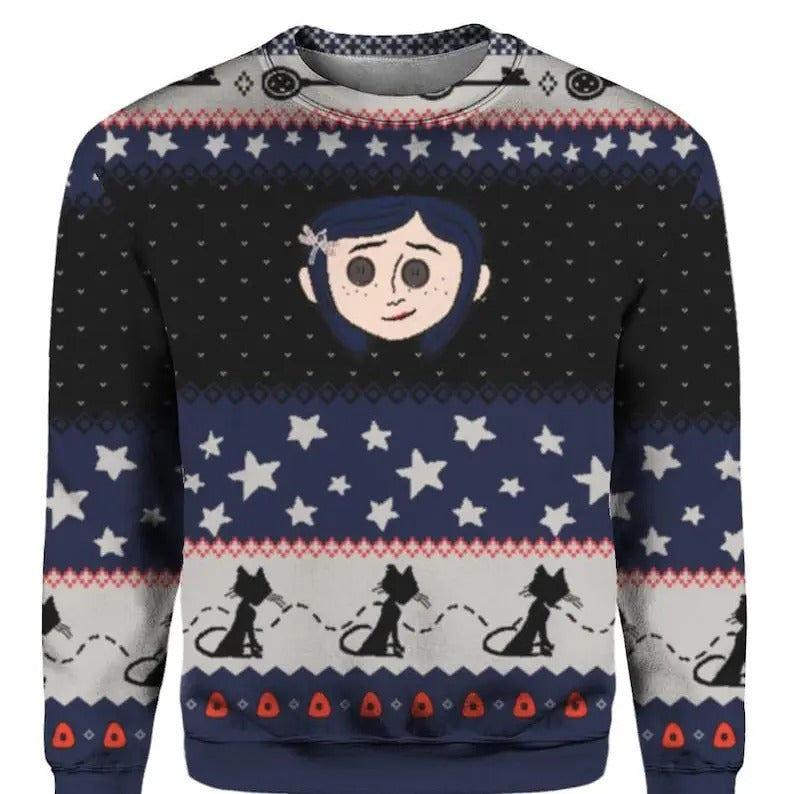 Retro Coraline Christmas Ugly Sweater, Vintage Coraline Sweater, Coraline Button Eyes Doll Sweater, Xmas Gift T-Shirts,...