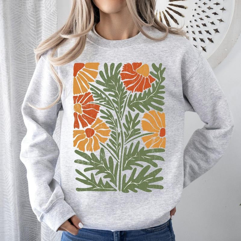 Retro Daisy Design, Greens, Orange, Vintage, Floral, Flower Sweatshirt T-Shirts, Hoodie | GrindPrints.com