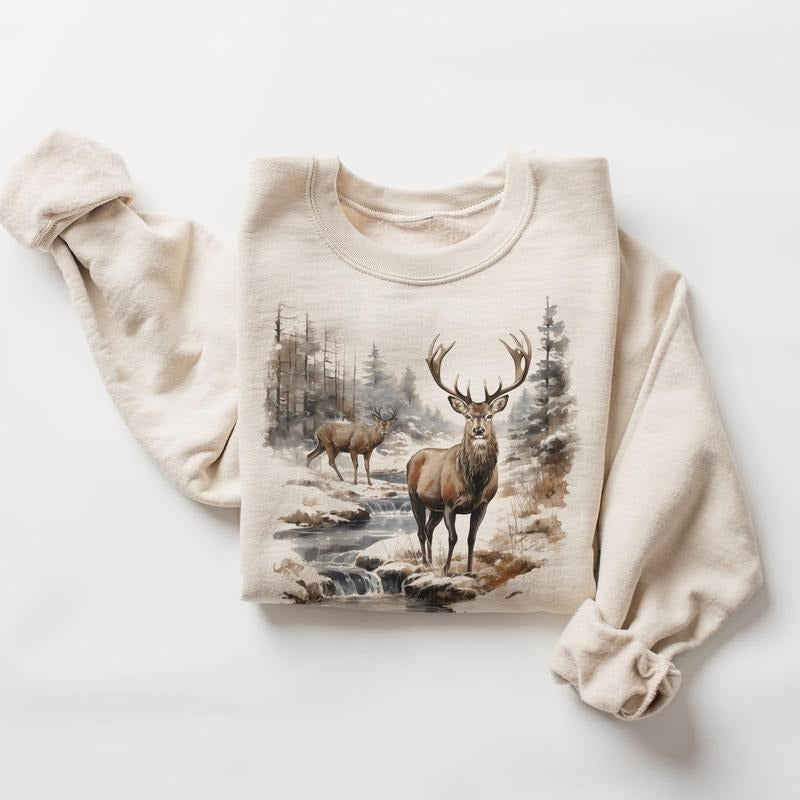 Retro Deer Wilderness Scene Unisex Sweatshirt, 90s Vintage Buck And Doe Deer Outfit Shirt, Boho Unisex Crewneck...