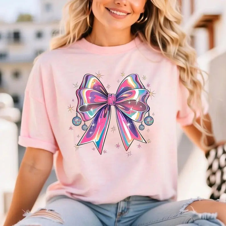 Retro Disco Coquette Bow Shirt, Pink Coloful Coquette Cute Bow Tee coquette christmas Hoodie, Sweatshirt | GrindPrints.com