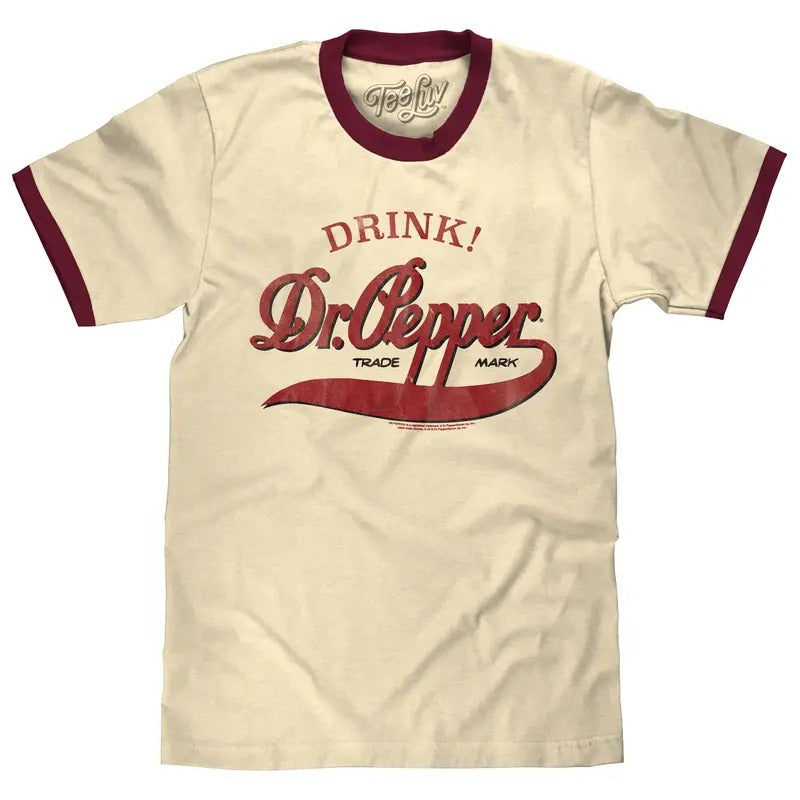 Retro Drink Dr. Pepper Ringer T-Shirt - Beige and Maroon graphic tee Hoodie, Sweatshirt | GrindPrints.com