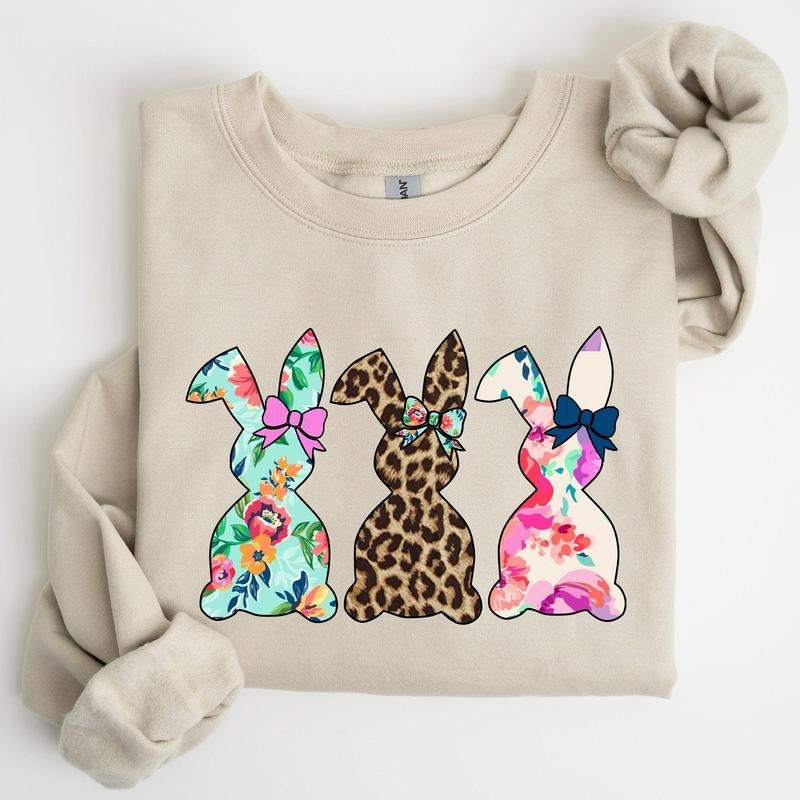 Retro Easter Rabbits, Floral, Leopard, Bunnies Sweatshirt, Women's Crew Neck, Crewneck T-Shirts, Hoodie | GrindPrints.com