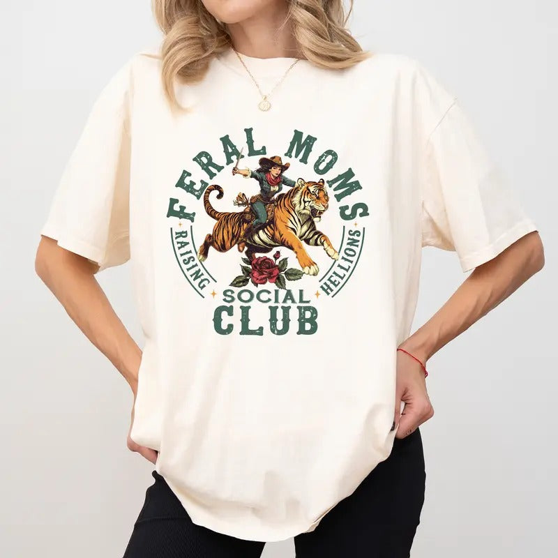 Retro Feral Moms Social Club Comfort Colors Shirt, Feral Mama Raising Hellions T-shirt, Vintage Somebody's Feral Wife...