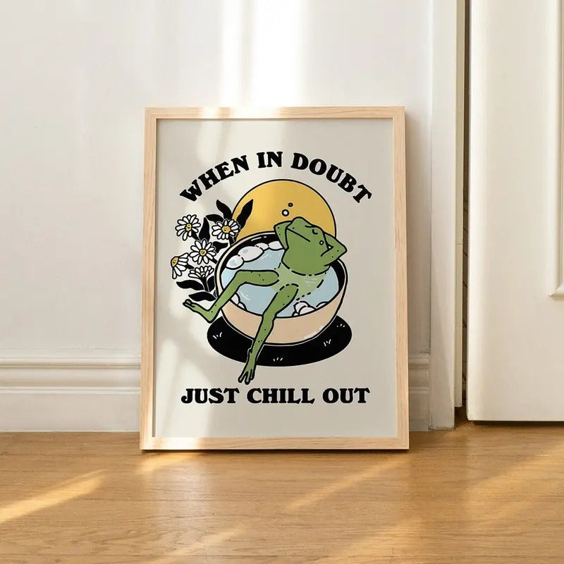 Retro Frog Wall Print, Chill Quote, Vintage Frog, Retro Flowers Illustration, Selfcare Print, Positivity Poster, Bathroom...