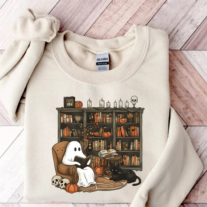 Retro Ghost Reading Books Sweatshirt T-shirt Hoodie, Librarian Ghost Halloween, Halloween Teacher Sweatshirt, Halloween...