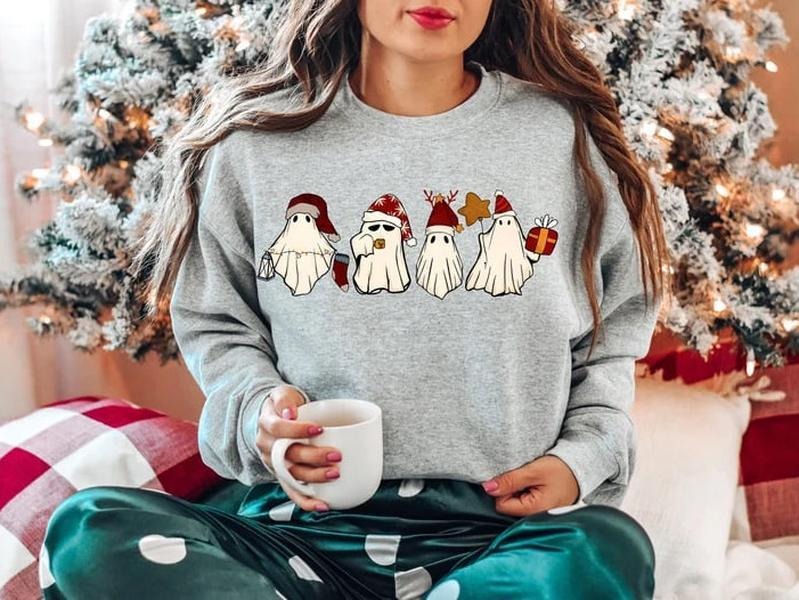Retro Ghost Santa Sweatshirt, Christmas Ghosts Sweatshirt, Christmas Gift, Christmas Sweatshirt, Cute Ghost Shirt, Ghost...
