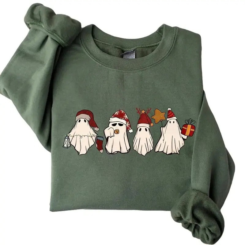 Retro Ghost Santa Sweatshirt, Christmas Ghosts Sweatshirt, Christmas Sweatshirt, Cute Ghost Hoodie, Christmas Unisex...