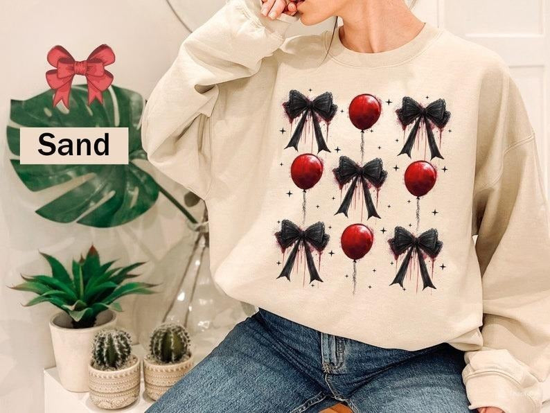 Retro Halloween Coquette Bow Sweatshirt, Halloween Balloon Shirt, Spooky Season Shirt, Aesthetic Fall Shirt, Halloween...