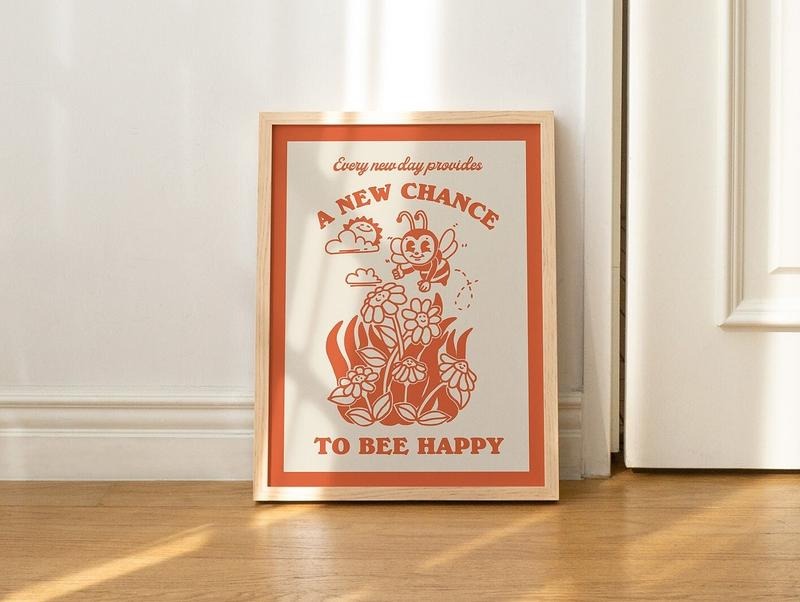 Retro Honey Bee Wall Print, Bumble Bee Poster Print, Positivity Quote Art, Retro Illustration, Burnt Orange Decor, Poster...