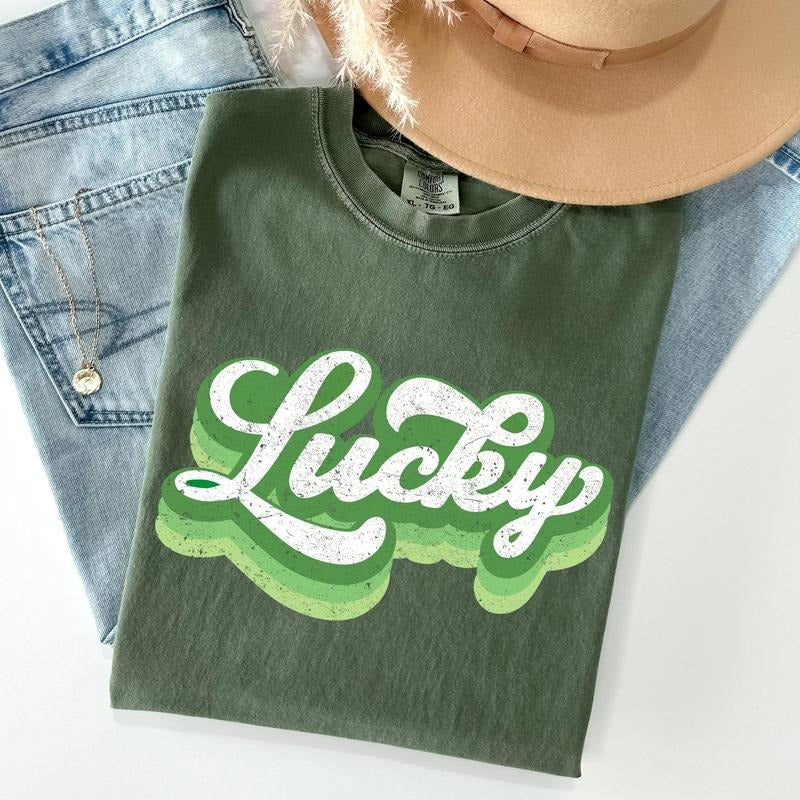 Retro Lucky, Vintage Style, St Patrick's Day Comfort Colors Tshirt, Women's Crew Neck, Crewneck Hoodie, Sweatshirt