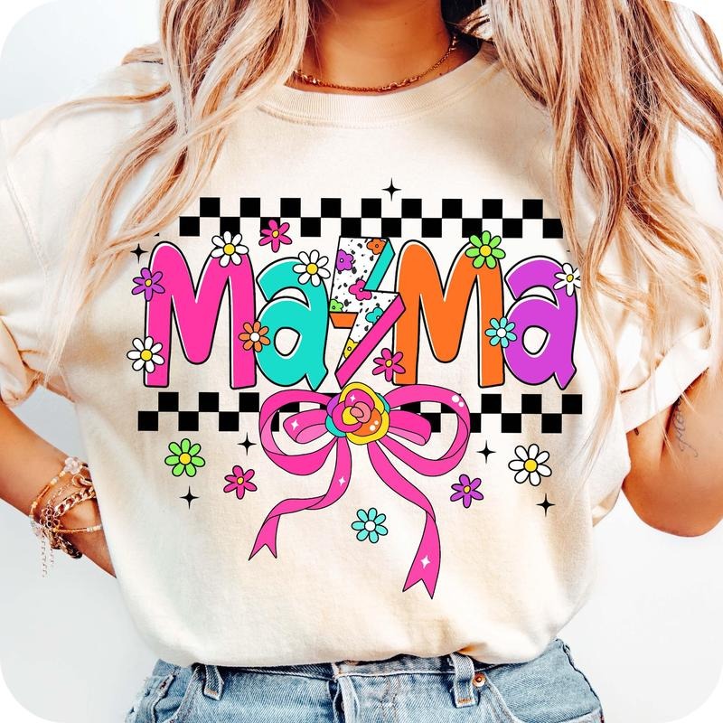 Retro Mama Coquette Bow T-Shirt, Mama Checkered T-Shirt, Mama Varsity T-Shirt, Lightning Bolt Mama T-Shirt, Mama Shirt...