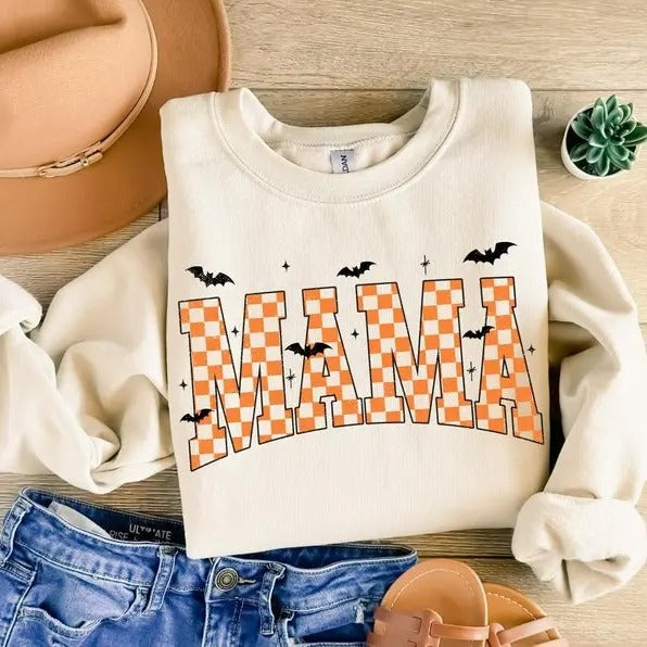 Retro Mama Halloween Shirt, Halloween Mama Varsity Sweatshirt, Mom Life Tee,  Retro Checkered Halloween Shirt Hoodie