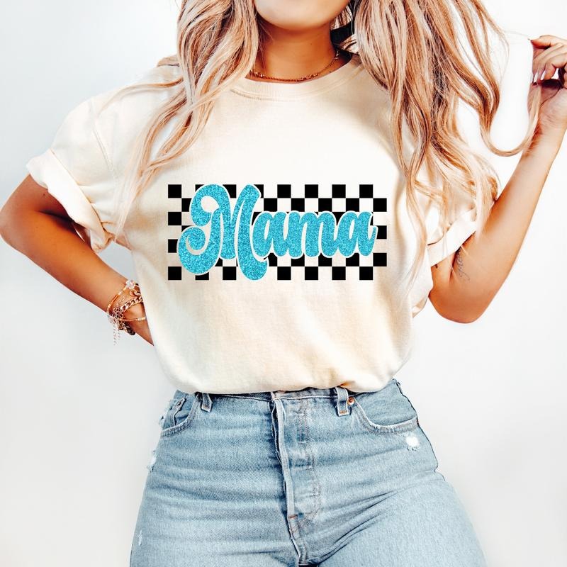Retro Mama T-Shirt, Blue Mom T-Shirt, Retro Checkered T-Shirt, Trendy Mom Shirt Design Hoodie, Sweatshirt | GrindPrints.com