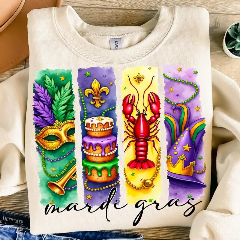 Retro Mardi Gras Tshirt Sweatshirt Hoodie, Fleur De Lis Shirt, Mardi Gras Coquette, King Cake Shirt, Louisiana Crawfish,...