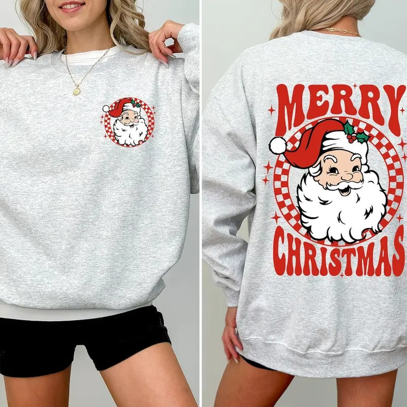 Retro Merry Christmas Santa Checkered Front and Back Sweatshirt 2 sides, Santa Xmas Sweatshirt T-Shirts, Hoodie