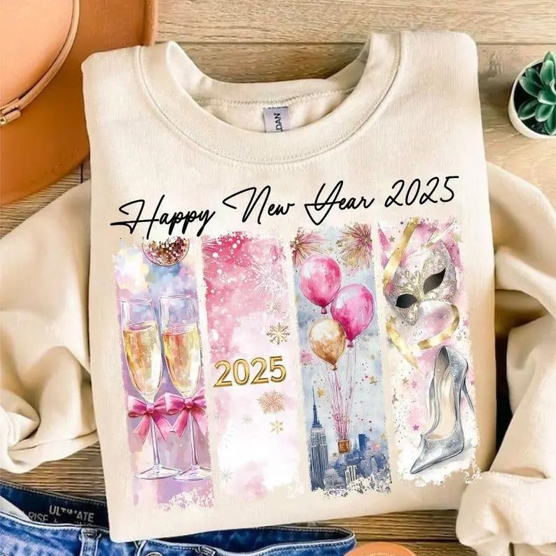Retro New Year 2025 New Year Shirt Disco Ball Shirt Pink Gold Glitter Brushstroke Shirt New Year New Me Shirt Brushstroke 12 New Chapters T-Shirts, Hoodie, Sweatshirt