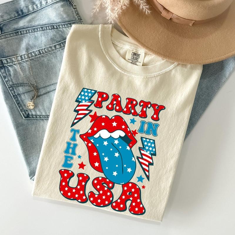 Retro Party In The USA, Tongue, 4th of July Tshirt, Women's Crew Neck, Crewneck Hoodie, Sweatshirt | GrindPrints.com