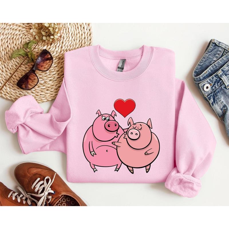 Retro Pig Lovers Funny Sweatshirt, Vintage Valentine's Day Sweatshirt, Crew Neck, Women's, Crewneck, Valentine's Day,...