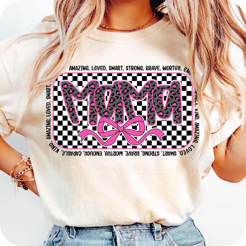 Retro Pink Mama Coquette Bow T-Shirt, Mama Checkered T-Shirt, Mama Varsity T-Shirt, Pink Mama T-Shirt, Mama T-Shirt,...