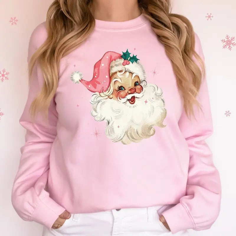 Retro Pink Santa Christmas Sweatshirt, Cute Pink Christmas Sweatshirt, Women Christmas Matching Shirt, Retro Christmas...