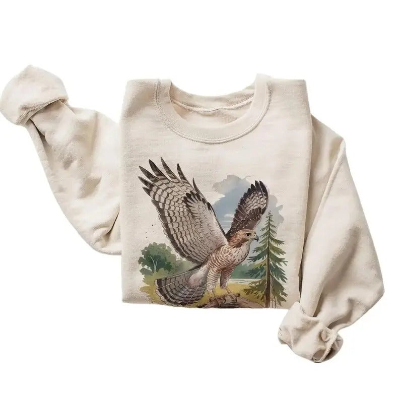 Retro Red Tailed Hawk Wings Spread Birding Sweatshirt - 90s Vintage Birds Of Prey Forest Nature Scene Cotton Pullover...