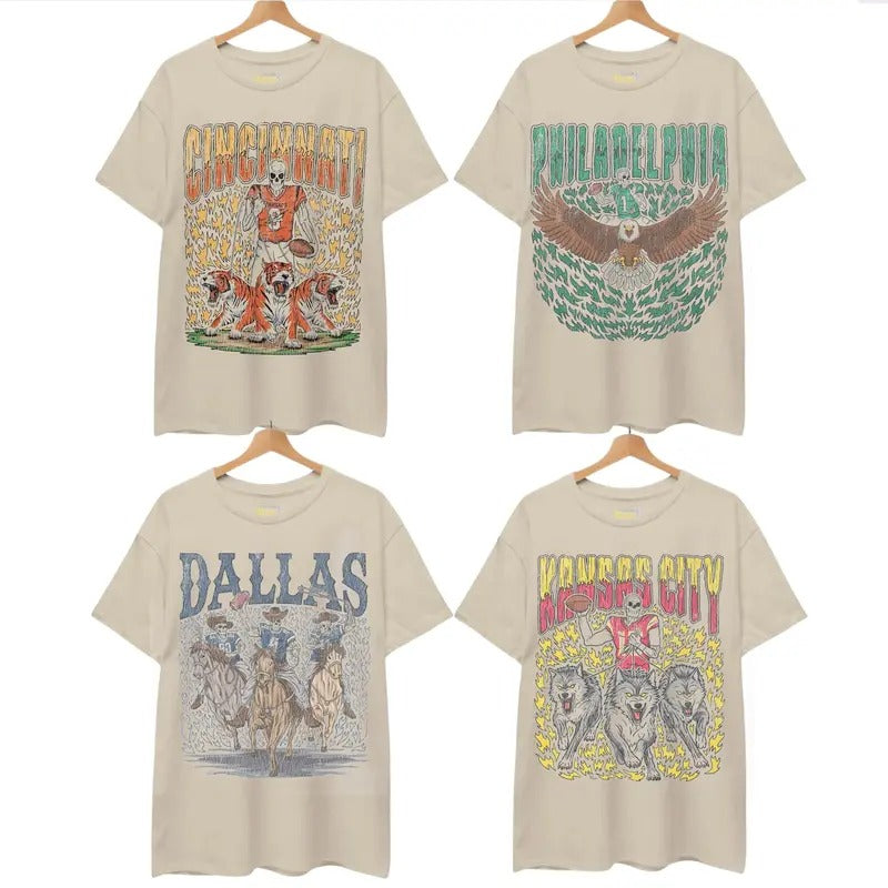 Retro Skeleton All Teams Football Sand T-shirt, Gildan 5000 Unisex Crewneck Sport Classic T-Shirt All Teams Football,...