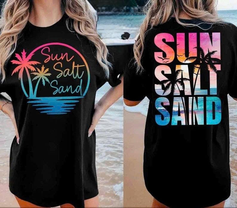 Retro Summer Sun Salt Sand 2 Sided Tee, Summer Vibes Beach Shirt, Summer Sunset Salty Summer Vacation Gift Hoodie, Sweatshirt