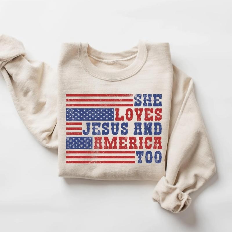 Retro USA T-Shirt Sweatshirt, She Loves Jesus And America Too, Womens USA Crewneck Sweatshirt, USA Shirt, America...