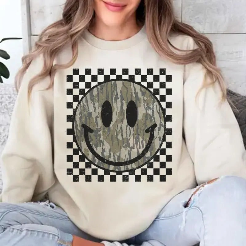 Retro Vintage Camo Bow Smile Hunting Sweatshirt, Coquette Bow Camo Design Shirt Hoodie | GrindPrints.com