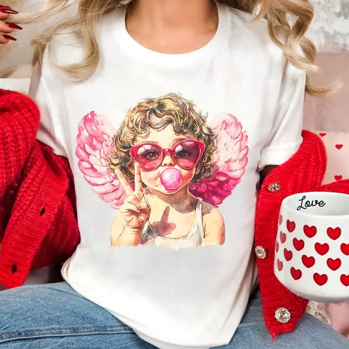 Retro Vintage Valentines Day Cupid with Bubblegum Unisex sized Softstyle T-shirt Hoodie, Sweatshirt | GrindPrints.com