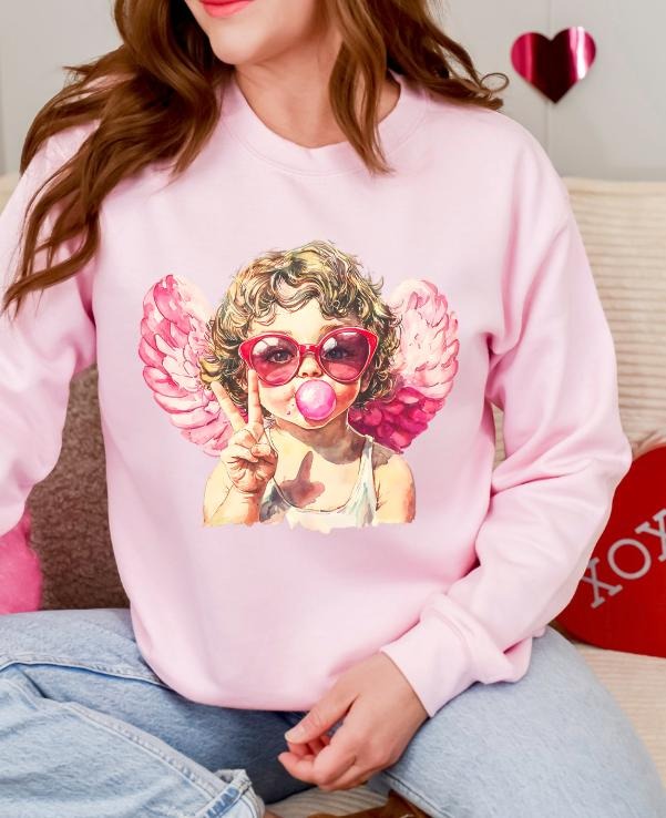Retro Vintage Valentines Day Cupid with Bubblegum Unisex sized Sweatshirt hoodie T-Shirts | GrindPrints.com