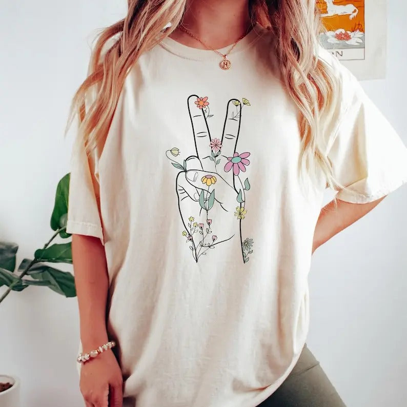 Retro Wildflower Peace Sign Hand Shirt Positive Shirt Flower Cotton T-Shirts, Hoodie, Sweatshirt