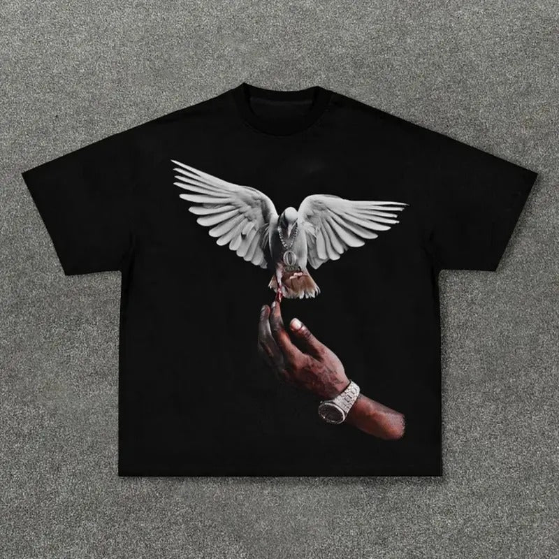 Retro pigeon print casual short-sleeved T-shirt,  Vintage Graphic Crewneck Tshirt Hoodie, Sweatshirt | GrindPrints.com