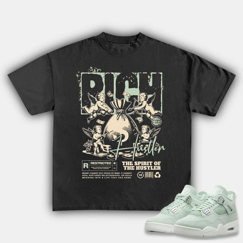 Rich Hustle Match 4s Seafoam Sneakers, Unisex Y2K Inspired Cotton T-shirt, Fitted Graphic Tee for Streetwear Style...