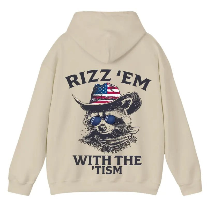 Rizz 'Em 'Tism Funny Raccoon Cowboy Streetwear Thermal T-Shirts, Hoodie, Sweatshirt