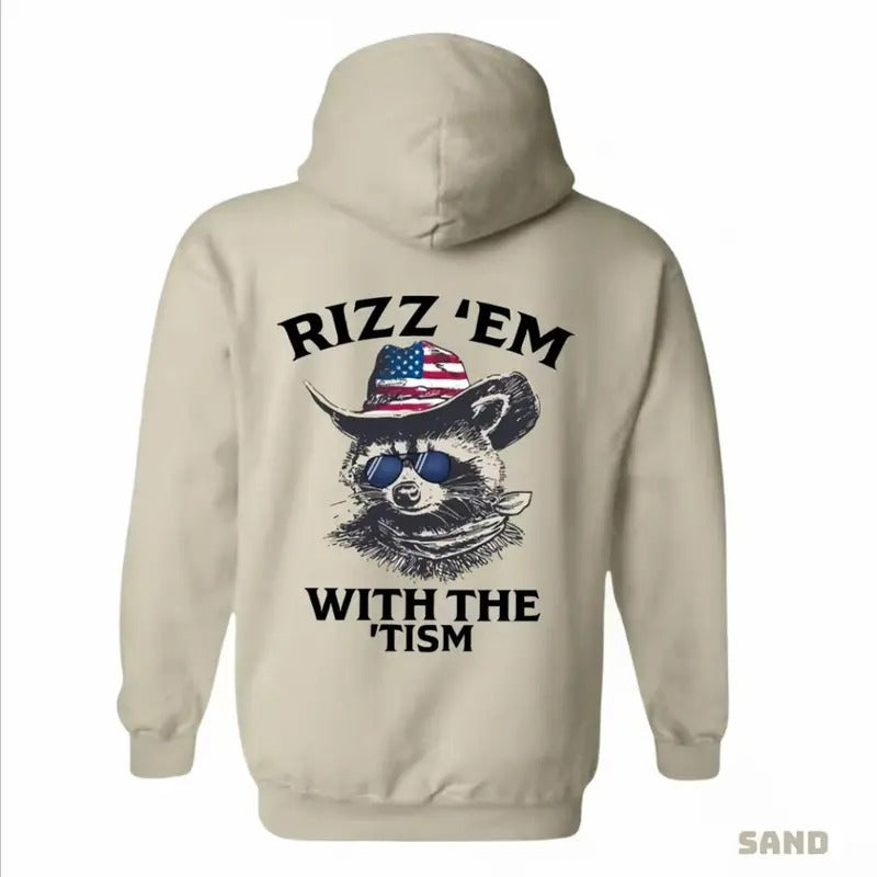 Rizz 'Em With The 'tism Hoodie - Featuring A Raccoon Wearing An American Cowboy Hat And Sunglasses, Bringing A Fun And...