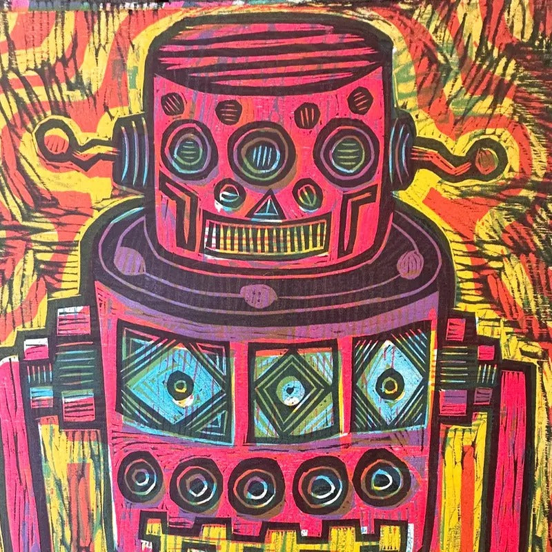 Robot Color Woodcut Hand Pulled Print many color ways available Decor Poster Photo Wall T-Shirts, Hoodie, Sweatshirt